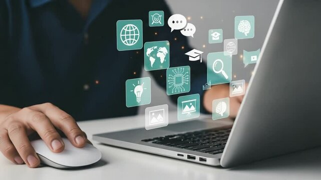 Person using a laptop with floating digital icons representing various online concepts and activities