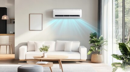 Cool air flowing from a wall-mounted air conditioner in a bright living room.