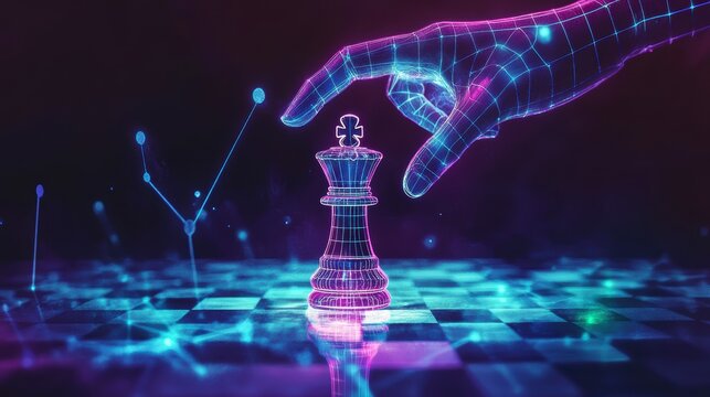 A digital hand moves a king chess piece on a glowing board.