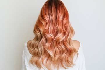 Fototapeta premium Stunning Coral and Blonde Balayage Wavy Hair Long Locks Back View