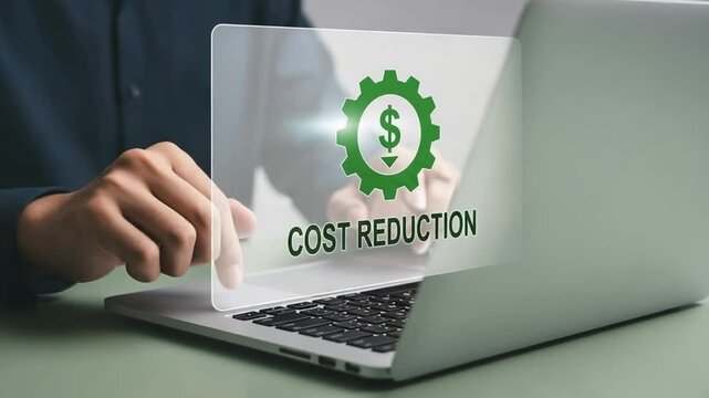 Person using laptop with cost reduction graphic overlay and green gear with dollar sign icon