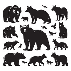 bear silhouettes vector, set of animals Brown grizzl Black vector