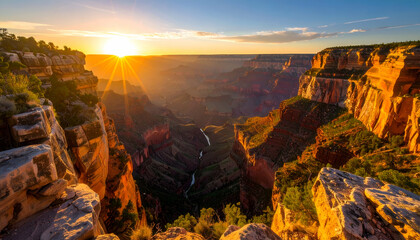 A stunning sunset over the Grand Canyon, showcasing layered rock formations and valleys.