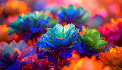 A vibrant display of colorful flowers with a dreamy, blurred background.