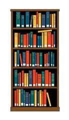 Colorful bookshelf filled with various books in a library setting  