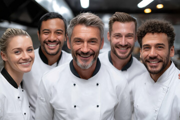 Group of chefs smiling together in a professional kitchen setting
