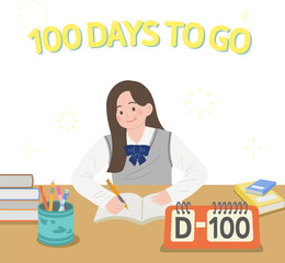 Naklejka premium Exam Motivation Poster – Girl Studying with '100 Days to Go' Message