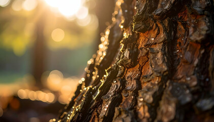 Close-up of tree bark glistening with water droplets in a sunlit forest.