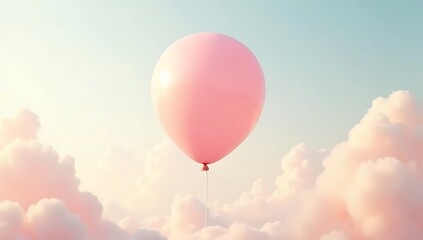 A single oversized pink balloon floating in a pastel sky above cottony clouds with subtle rays of sunlight — minimalist and serene.

