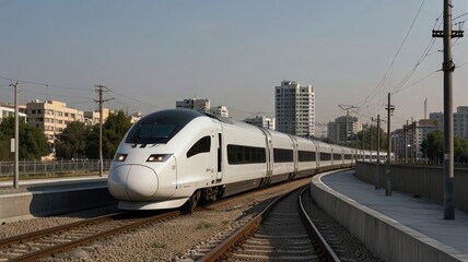 Fototapeta premium Modern high-speed train traveling along tracks, passing urban cityscape.
