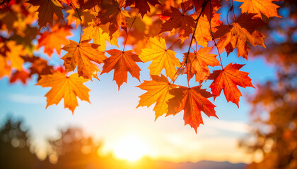 Vibrant autumn leaves against a sunset backdrop, showcasing nature's beauty.