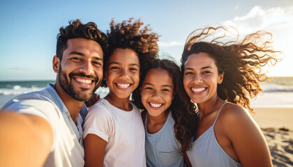 Fototapeta premium A family selfie with the ocean in the background, wind in their hair, everyone smiling brightly