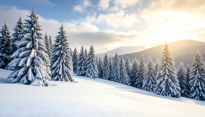 A serene winter landscape with snow-covered trees and mountains under a bright sky.