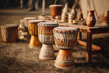 Drum circles as tribal patterns pulsing with ancestral energy, ochre and terracotta palette