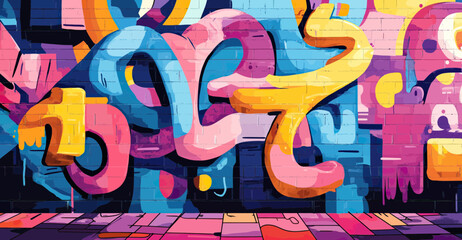 Obraz premium Colorful urban graffiti mural with abstract intertwined shapes and vibrant 3d street art on brick wall in city environment illustration
