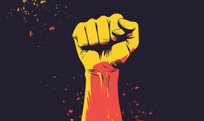 Raised fist silhouette in yellow and red colors symbolizing power strength protest revolution unity and empowerment on dark grunge background vector illustration