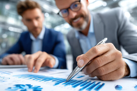 Business colleagues analyzing data trends in modern office setting during daytime