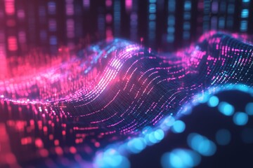 Abstract data visualization with swirling patterns of glowing pink and blue lines