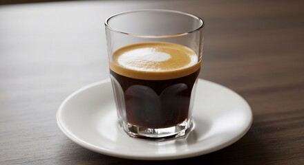 A small glass of espresso with crema on top, resting on a saucer