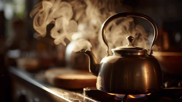 close-up of a tea kettle boiling on a stove, steam rising, subtle reflections on metal
