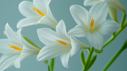 Obraz premium Delicate white lilies with bright yellow stamens in soft light