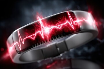Modern fitness tracker displays heartbeat rhythm with dynamic red waveform at night