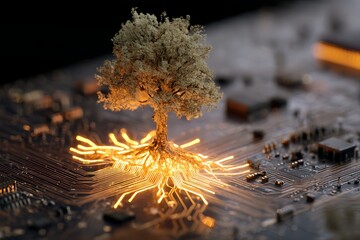 ESG investing as a glowing tree growing from a circuit board, roots tapping crypto soil