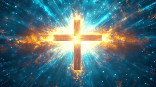 Glowing wooden cross radiating light in a cosmic, ethereal setting. - Powered by Adobe