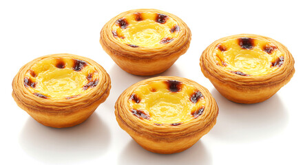 Four Delicious Portuguese Custard Tarts, Pastel de Nata, on a White Surface