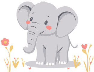Cute baby elephant sitting, adorable animal character. Cartoon vector illustration isolated on white background.