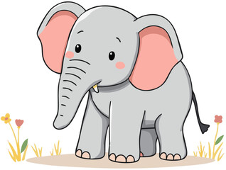 Obraz premium Cute baby elephant sitting, adorable animal character. Cartoon vector illustration isolated on white background.
