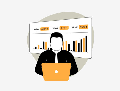 Data analytics dashboard with businessman reviewing performance report and KPI growth trends. Business intelligence and digital growth tracking for data analytics visualization vector illustration