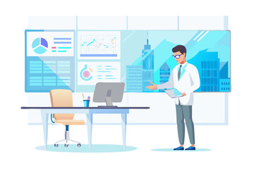Scientist presenting data analysis in modern office with city view and digital screens