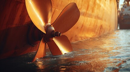 Close-up of Ship Propeller in Calm Water at Sunset