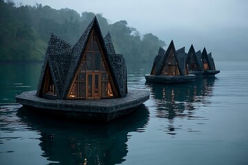 Floating schools powered by wave energy, shaped like origami boats, Southeast Asian fishing village