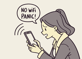 Cartoon Woman Panicking About No Wifi Connection on Her Mobile Phone Device
