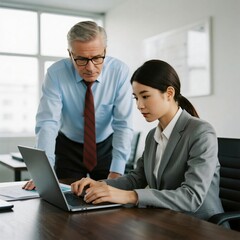 Fototapeta premium Businesswoman and Senior Manager Collaborating on Laptop Office Meeting