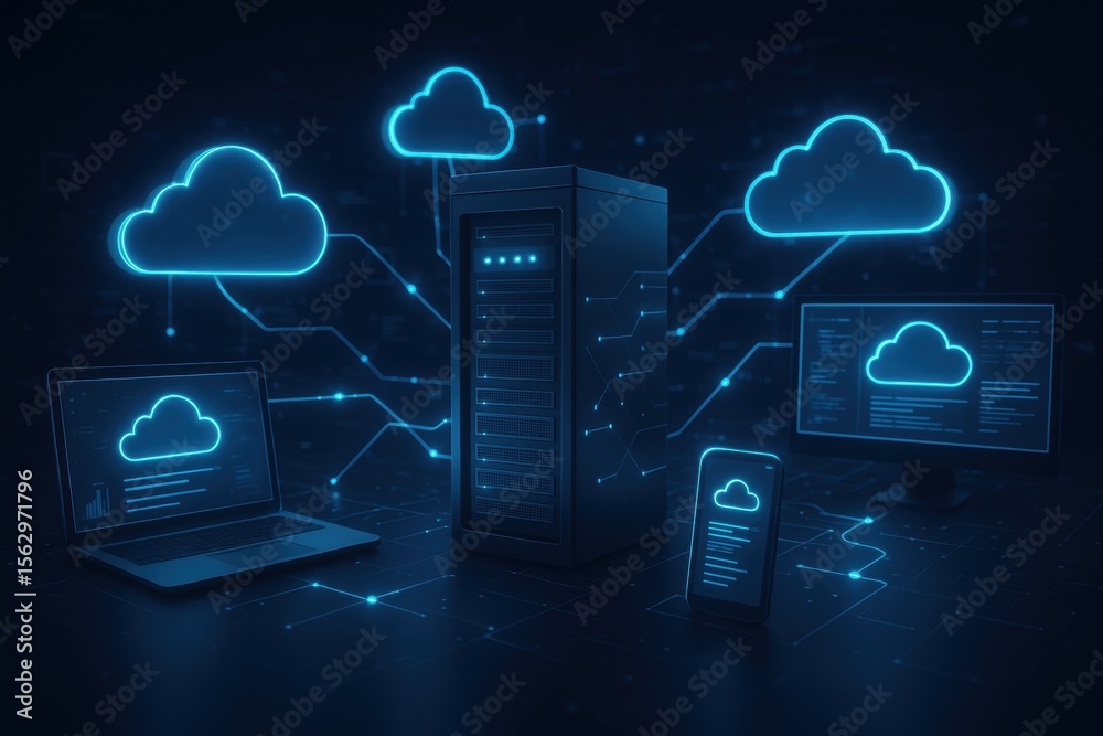Fototapete Cloud Computing in Network: a detailed visual representation of cloud computing, illustrating seamless connectivity across digital devices. Illustrating network data storage 