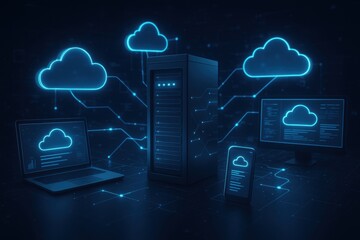 Cloud Computing in Network: a detailed visual representation of cloud computing, illustrating seamless connectivity across digital devices. Illustrating network data storage 