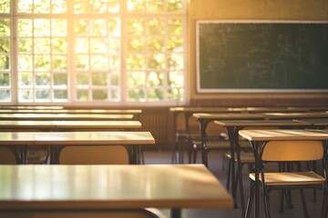 Empty classroom, sunlight through window,  chalkboard, learning environment