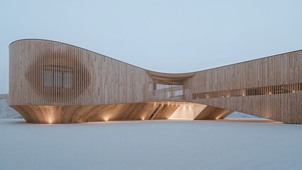Modern wooden building with a curved facade.