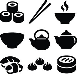 Asian Food Silhouettes – Black EPS Vector Set of Traditional Cuisine Icons