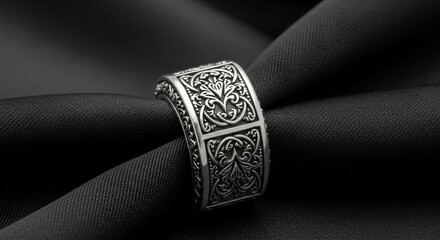 Intricate silver ring with Celtic knotwork design rests on black silk.