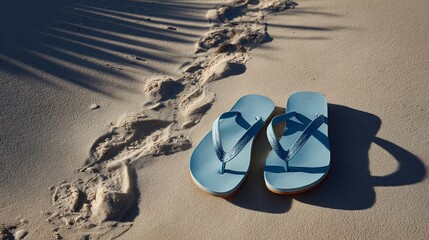 a pair of blue flip-flops on pale beach sand
