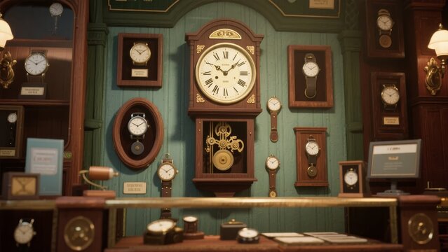 Clock shop interior with various timepieces displayed on shelves and walls