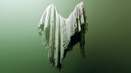 Ghostly bridal veil floating in a sage-green void, edges frayed into geometric pixels