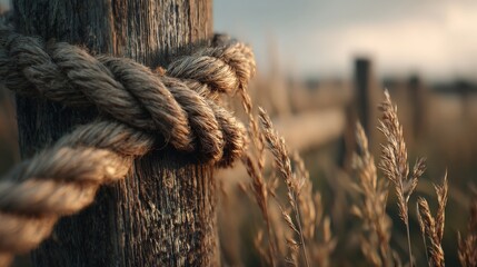 close-up of a weathered rope tied around a wooden fence post