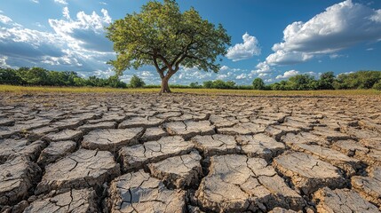 A cracked earth landscape under a partly cloudy sky.