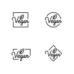 vegan logos vector with leaves , Four vegan logos with leaves in square circle and rhombus shapes outline on transparent background , no background
