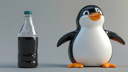 Cartoon penguin beside a soda bottle